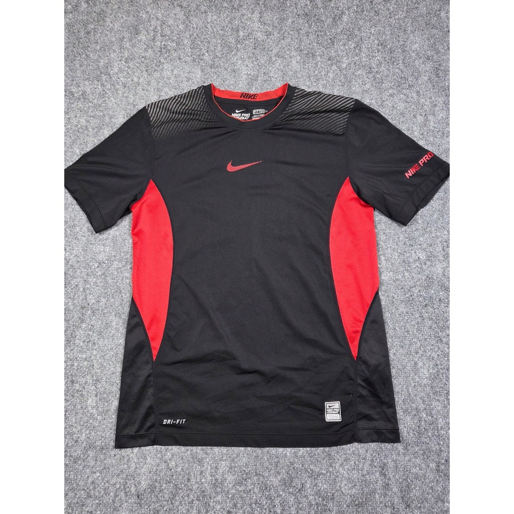 Nike Pro Combat Shirt Mens Medium Black Red Dri-FIT Fitted Training Top